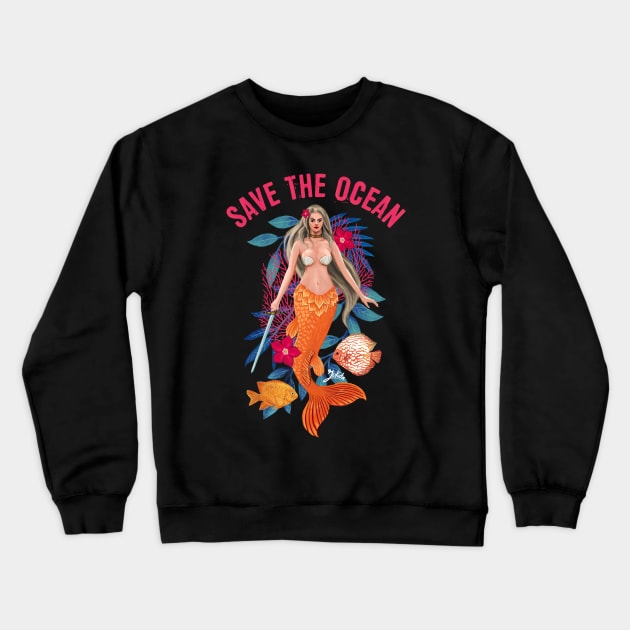 Warrior Mermaid - Save the Ocean Crewneck Sweatshirt by Jukida